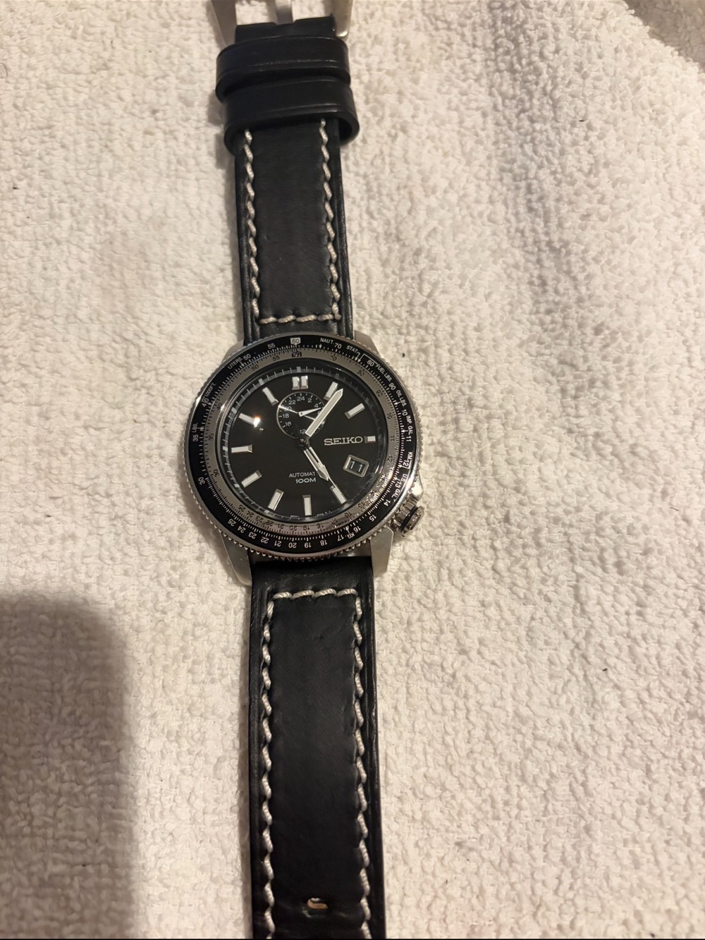 Seiko Black Dial Watch with Black Leather Strap and Silver Accents